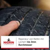 A close-up of a finger pushing a screw into a tire tread, with a logo and text overlay. Náhled obrázku produktu