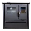 A front view of a dark gray wood-burning stove with a glass oven door and a thermometer inside. Produktbild-Vorschau