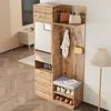 A modern entryway furniture set with a mirror, bench, shoe storage, and hooks, set against a neutral background with a floor and wall. Voir les images du produit
