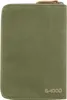 A close-up, front-facing view of a green passport holder with a brown leather zipper pull. Podgląd zdjęcia produktu