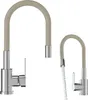 Two kitchen faucets are shown against a white background. One faucet is in its standard position, while the other is shown with water flowing from its spout. Anteprima dell’immagine prodotto