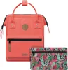 A coral backpack and a matching pouch with a tropical print are displayed against a white background. Produktbild-Vorschau