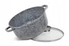 A speckled gray pot with two handles and a glass lid with a silver rim, shown on a white background. Produktbild-Vorschau