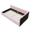 A pink and black sofa bed with a wooden slat base, shown from a diagonal angle on a white background. Náhled obrázku produktu