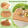 A close-up view of a wooden garden table with food and drinks, highlighting its features with text overlays. Náhled obrázku produktu