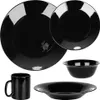 A collection of black tableware items, including plates, a mug, and bowls, arranged on a white background. Produktbild-Vorschau