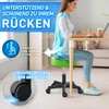 A woman is working on a laptop while sitting on a green rolling stool. The image highlights the stool's ergonomic features and mobility. Náhľad obrázku produktu
