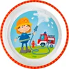 A child dressed as a firefighter sprays water from a hose towards a fire truck. Voir les images du produit