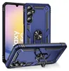 A blue phone case with a ring holder is displayed from multiple angles, with a phone partially visible in the background. Produktbild-Vorschau