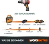 A collage of images showing a cordless hammer drill and its accessories, along with text labels. Anteprima dell’immagine prodotto
