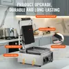 A commercial panini grill is shown in a kitchen setting with text overlays highlighting its features. Podgląd zdjęcia produktu