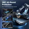 A robotic arm is shown applying a screen protector to a smartphone, with inset images highlighting impact resistance and waterproofing. Produktbild-Vorschau