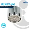 A close-up product shot of a faucet aerator with marketing text and branding. Produktbild-Vorschau