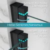 Diagrams illustrating the lifting and lowering mechanism of a shower door, showing how it seals for high tightness or lifts for easier opening. Produktbild-Vorschau