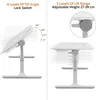 Two images showing a white adjustable desk/table. The left image demonstrates tilt angles, and the right image shows height adjustment. Produktbild-Vorschau