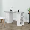 A modern white and light gray desk with drawers and shelves, set against a light blue wall and wooden floor. Náhľad obrázku produktu