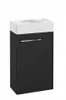 A black bathroom cabinet with a white sink on top, set against a white background.