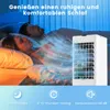 A couple sleeping in bed with a portable air cooler next to them, with visual effects indicating cool air. Voir les images du produit