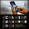 A person wearing gloves is holding a smartphone in a snowy outdoor environment. Below the phone image, there are icons representing various tools and a text description. Produktbild-Vorschau