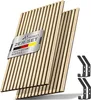 Two wooden acoustic panels are shown leaning against each other, with a metallic badge on the front panel. Four black coat hooks are placed to the right of the panels. Náhľad obrázku produktu