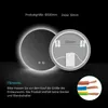 A round LED mirror is shown from the front and back, with dimensions and installation notes. Anteprima dell’immagine prodotto