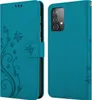 A teal flip phone case with a floral and butterfly design is shown, with the front and back views displayed side-by-side. Voir les images du produit
