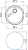 A technical drawing of a round sink with dimensions and a separate diagram of the cutout size. Produktbild-Vorschau