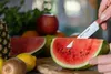A hand is cutting a slice of watermelon with a knife, surrounded by other fruits like pineapple, kiwi, and lemons. Voir les images du produit