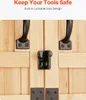 Close-up of the double doors of a wooden storage shed, highlighting the lockable door design with black handles and a central latch. Produktbild-Vorschau
