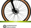 A close-up of a bicycle wheel with a disc brake and a tan tire, set against a white background with a green stripe at the bottom and text and a logo below. Produktbild-Vorschau