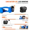 Marketing image showing a blue electric strapping tool with batteries and feature callouts. Produktbild-Vorschau