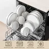 A dishwasher rack filled with white plates and bowls with black rims. Náhled obrázku produktu
