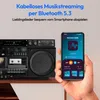 A hand holding a smartphone displaying a radio app, next to a retro boombox. Produktbild-Vorschau