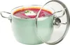 A pot of borscht soup with a dollop of sour cream and dill, with the glass lid propped open. Produktbild-Vorschau
