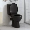 A black toilet in a bathroom setting with tiled walls and floor. Produktbild-Vorschau
