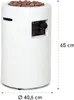 A white speckled cylindrical gas fire pit with lava rocks on top and a control panel on the side, with dimensions indicated. Produktbild-Vorschau