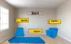 A room with a window, a floor, and walls, showcasing a blue foldable mattress in different configurations. Náhled obrázku produktu