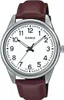 A close-up studio shot of a Casio watch with a white face and a brown leather strap. Produktbild-Vorschau