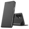 A black flip case for a smartphone is shown in a studio setting against a white background. The case is partially open, revealing the camera module of the phone inside. Produktbild-Vorschau