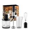 A product shot of a 4-in-1 hand blender set, including the blender stick, chopper attachment, whisk attachment, and a measuring cup, displayed against a white background with a box in the background. Produktbild-Vorschau