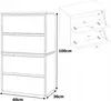A line drawing of a shoe cabinet with dimensions and a separate diagram showing the internal structure and dimensions. Produktbild-Vorschau
