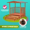 A wooden sandbox with a roof and a veranda, shown with promotional text and graphics. Produktbild-Vorschau