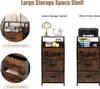A collage of images showcasing a vintage-brown storage cabinet with fabric drawers, presented as an accent cabinet and an office printer stand. Náhled obrázku produktu
