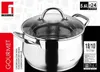 A stainless steel casserole pot with a glass lid, presented in packaging with product information. Náhľad obrázku produktu