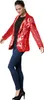 A woman wearing a red sequined jacket and blue jeans, posing against a white background. Produktbild-Vorschau