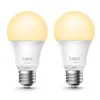Two white smart light bulbs with yellow light emitted from the top, placed side-by-side on a white background. Podgląd zdjęcia produktu