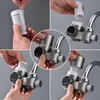 A collage of images showing how to install and use a faucet water filter. Produktbild-Vorschau