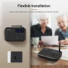 A split image showing a wireless intercom system mounted on a wall and on a table, with two elderly people in the background. Náhled obrázku produktu