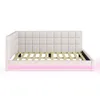 A beige upholstered bed frame with a tufted headboard and integrated LED lighting along the base. Produktbild-Vorschau