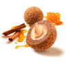 A close-up of two honey balls, one cut in half to reveal the filling, surrounded by cinnamon sticks and honey, with a piece of honeycomb in the background. Produktbild-Vorschau